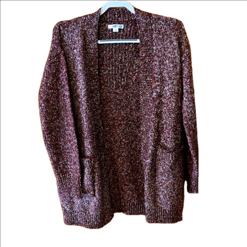 Passports Open Cardigan "Fall Foliage" Blue/Red/White Specks Women size M